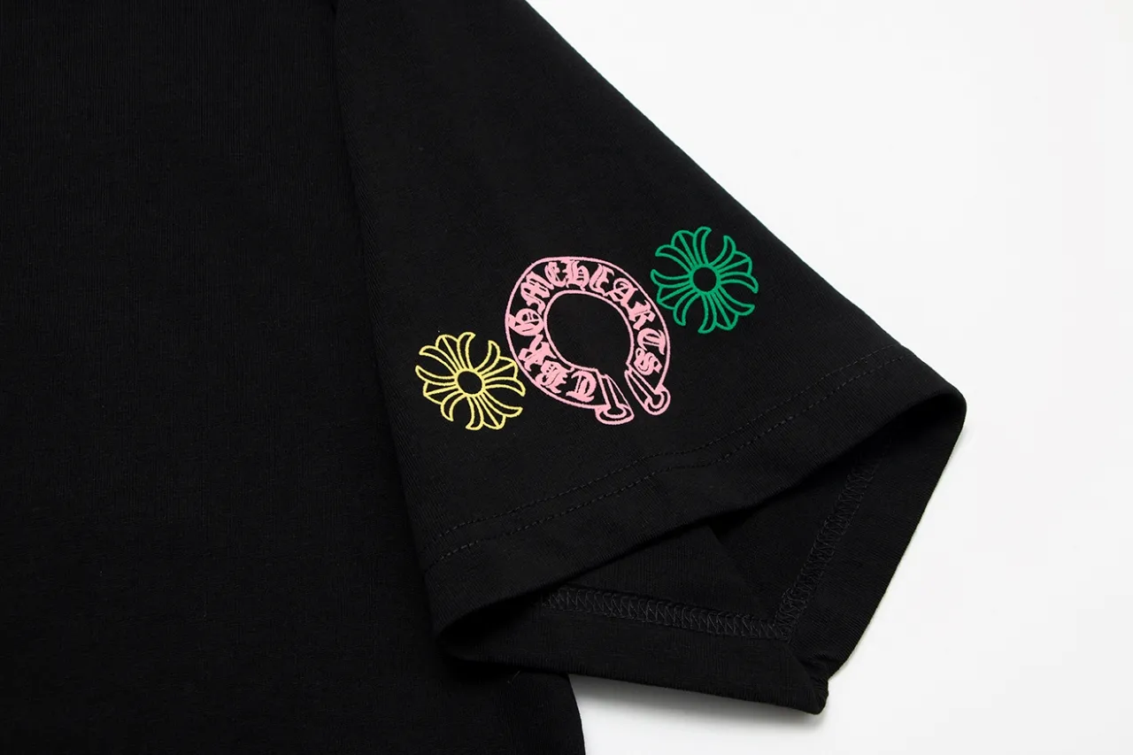 P150 Chrome Hearts Chrome Hearts Sanskrit Rainbow Print Cross Short Sleeve Size: SMLXL Color: Black
